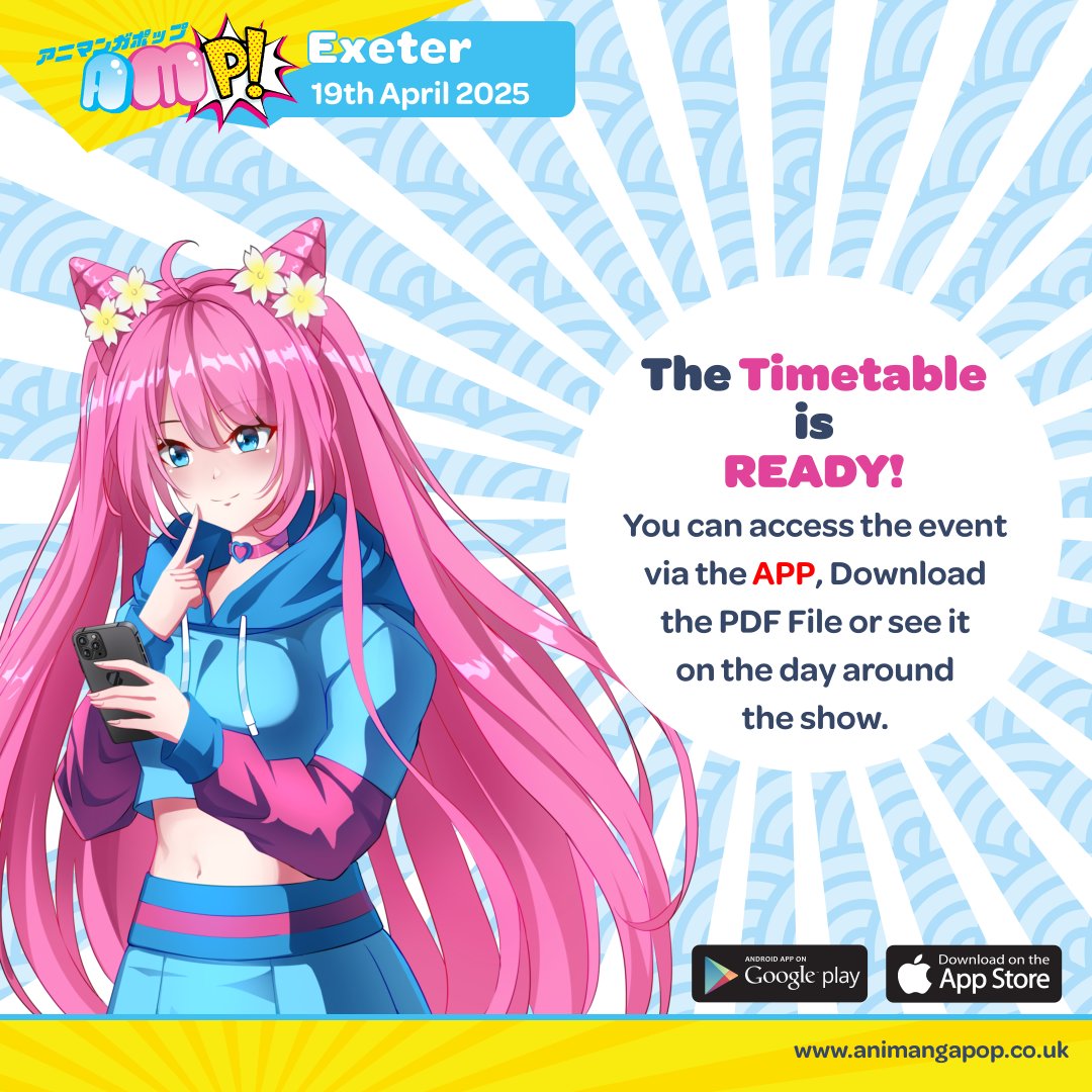 TIMETABLE IS UP AND RUNNING 📱 🎉

You can now visit the app and see what is happening throughout the day!

Download link shorturl.at/WozIN
*Please note, timetable is subject to change*.

Ticket sales are running out
animangapop.co.uk/exeter

#anime #gaming #timetable #app