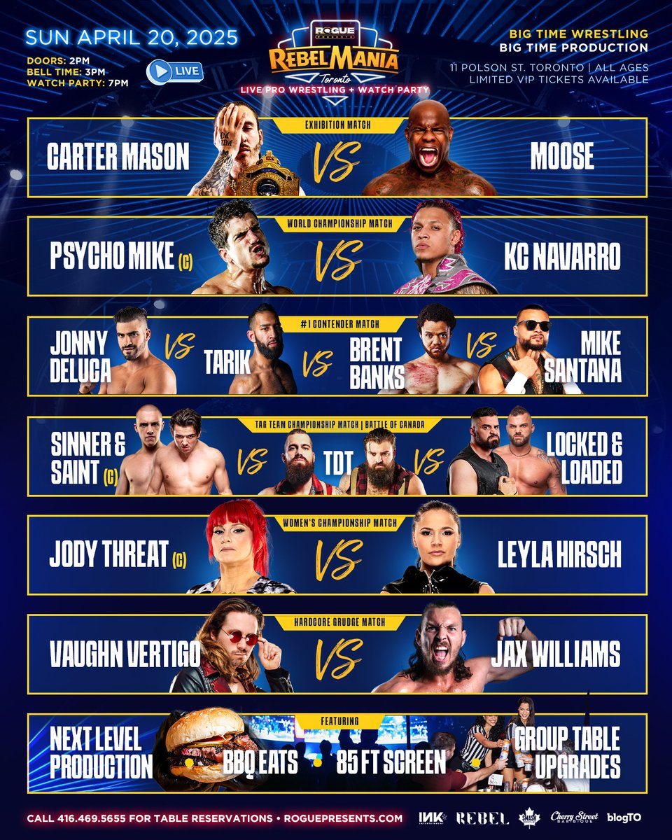 Toronto! 🇨🇦 We're not just airing Mania on the big screen this Sunday. Champions and challengers from <a href="/smashwrestling/">Smash Wrestling</a> go head-to-head in the building across 6 matches! 

Lock in your ticket in via RoguePresents.com 💪
📍 <a href="/rebel_toronto/">REBEL</a> 
⏰ 3PM Bell Time
📺 7PM Watch Party