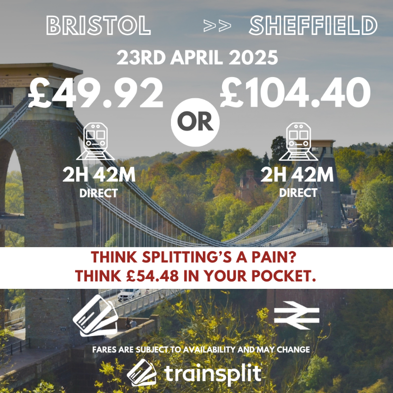 TrainSplit's tweet photo. One extra ticket = £54.48 in your pocket. Same journey, smarter choice. Say goodbye to overpriced fares and hello to the split ticket hack. 🤑 Tag a friend who’s ready to save!
#TrainSplit #SplitTickets #TrainTravel #TicketHacks #SmartTravel #Splitticketing @VisitSheffield