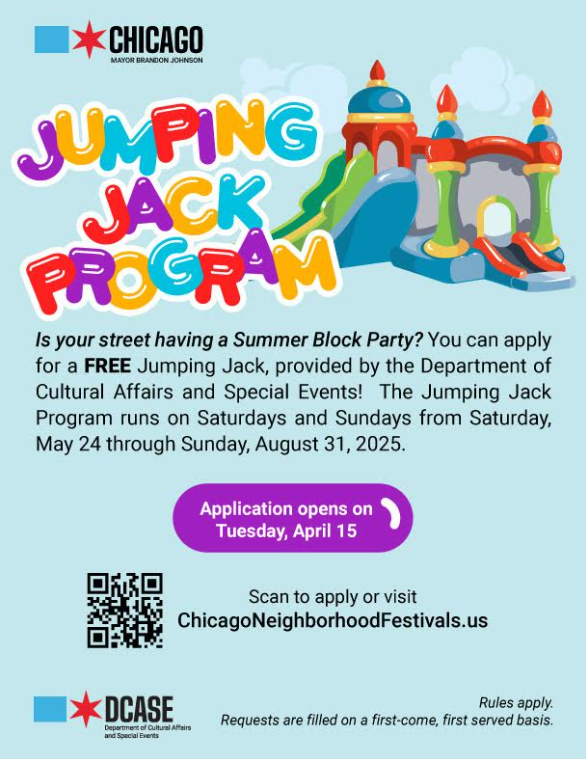 The Chicago Department of Cultural Affairs and Special Events' Jumping Jack program application is now open! Visit ChicagoNeighborhoodFestivals.us for more information.