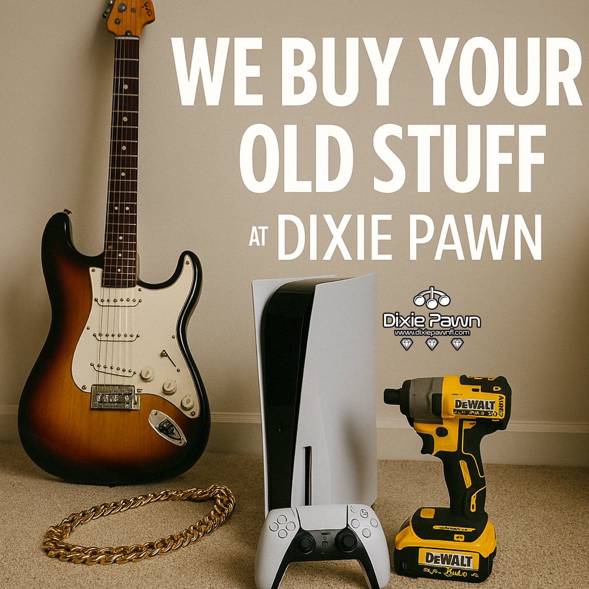 DixiePawnFL's tweet image. Got a PS5, guitar, gold chain or tools lying around? 💰
We’ll buy your old stuff at Dixie Pawn in Hollywood, FL!
🎸⚒️🎮💎 Cash, no hassle.
📍 dixiepawnfl.com

#PawnShop #CashOnTheSpot #HollywoodFL #DixiePawn #DaniaBeach #PawnShopFinds #GuitarGear #SouthFlorida