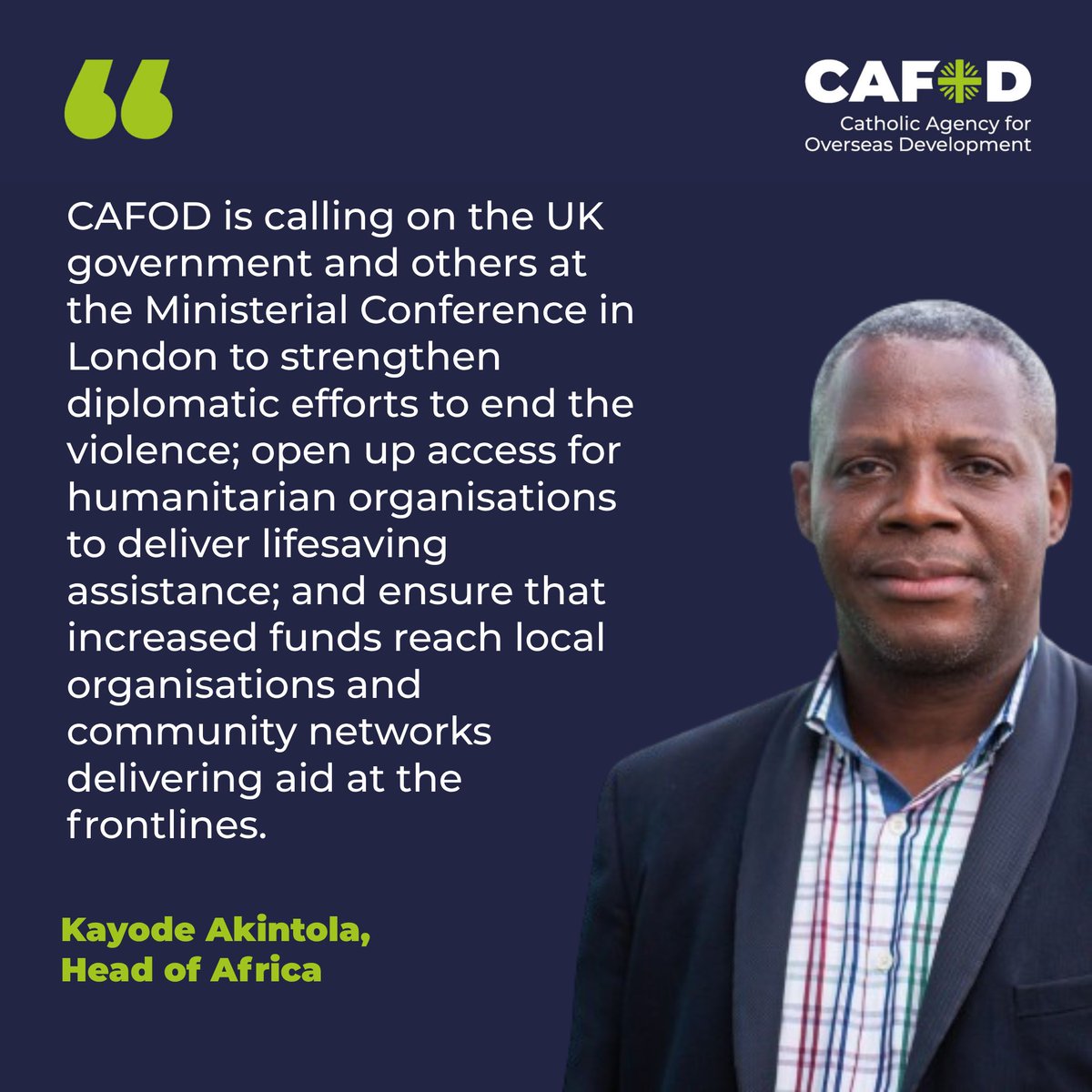 CAFOD (@cafod) on Twitter photo On the two-year anniversary of the war in Sudan, a ministerial conference is being hosted by Foreign Secretary <a href="/DavidLammy/">David Lammy</a>.
Our Head of Africa, <a href="/Kayode_Akintola/">Kayode Akintola</a>, is calling for stronger diplomatic efforts to stop the violence and assurances that funds reach local organisations. On the two-year anniversary of the war in Sudan, a ministerial conference is being hosted by Foreign Secretary <a href="/DavidLammy/">David Lammy</a>.
Our Head of Africa, <a href="/Kayode_Akintola/">Kayode Akintola</a>, is calling for stronger diplomatic efforts to stop the violence and assurances that funds reach local organisations.