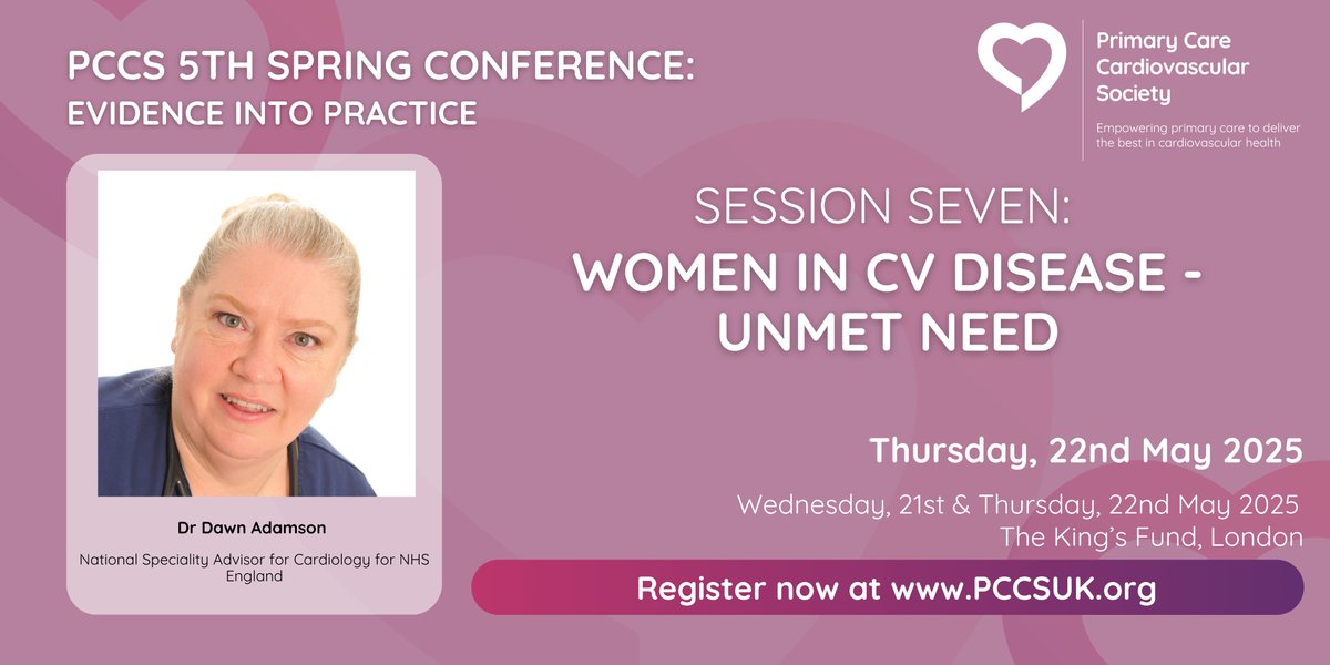 PCCS_UK's tweet photo. 🚨 PCCS 5th Spring Conference

Join us on Day 2 for a discussion on Women’s Health. Dr. Dawn Adamson will explore:
💡 Women in CV Disease – Unmet Need

A must-see healthcare professionals aiming to close the gap in cardiovascular care for women.

Visit:   https://t.co/VonqwY7sqr https://t.co/YYrAVnlQuo
