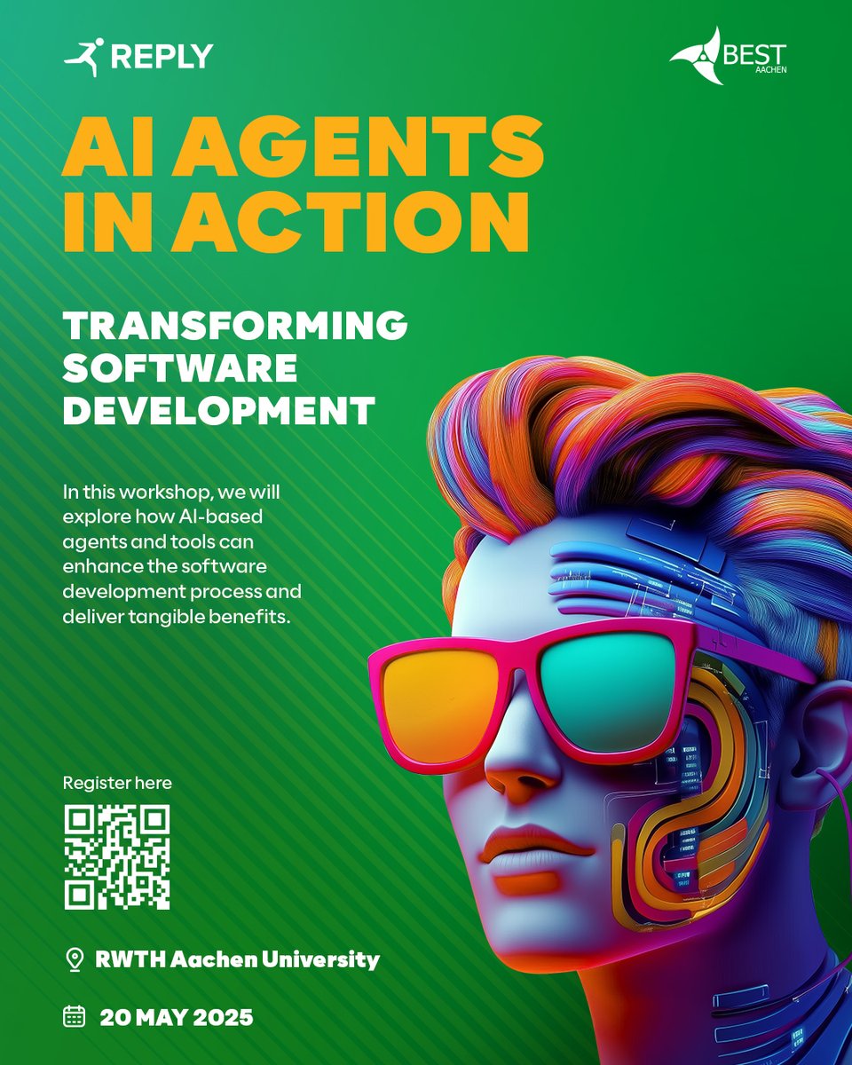 Reply U (@replyulabs) on Twitter photo Studying at <a href="/RWTH/">RWTH Aachen</a> in Aachen?
Step into the future of software development with AI Agents in Action! π
On 20th May, join our ultimate AI showdown where youβll discover how intelligent agents are transforming the way we build, test, and optimise code! β¨
Register in advance at Studying at <a href="/RWTH/">RWTH Aachen</a> in Aachen?
Step into the future of software development with AI Agents in Action! π
On 20th May, join our ultimate AI showdown where youβll discover how intelligent agents are transforming the way we build, test, and optimise code! β¨
Register in advance at