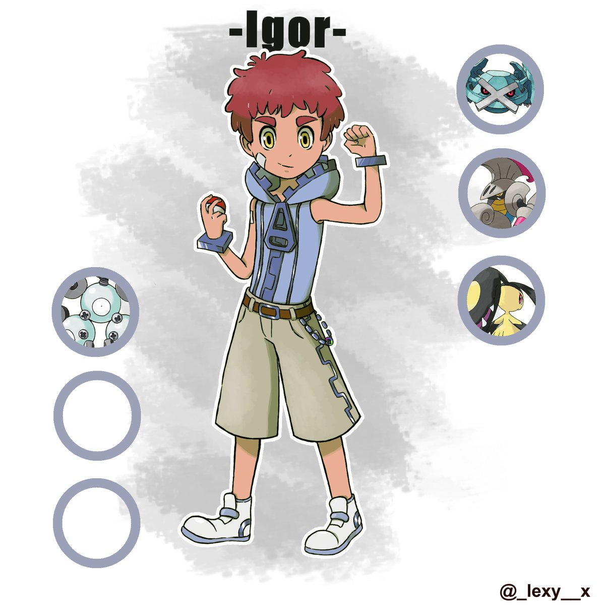 _lexy__x's tweet photo. Igor, gym Leader - Steel type #artwork #pokemoncharacter #pokemon #PokemonLegendsZA #fakemon #pokemongymleader https://t.co/6yY6BFfkLv
