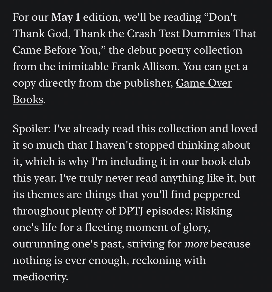 Frank Allison (@frankwithaknife) on Twitter photo HUGE RIDICULOUS INSANE COOL AS HELL NEWS ‼️‼️‼️ Elizabeth Blackstock has done me the honor of picking my book for the <a href="/terriblejoy_pod/">Deadly Passions Terrible Joys</a> Book Club this May!!! You can find the entire announcement on her substack, I’ll link in the next tweet! Get your copy at <a href="/GameOverBooks/">Game Over Books</a> today 🏁 HUGE RIDICULOUS INSANE COOL AS HELL NEWS ‼️‼️‼️ Elizabeth Blackstock has done me the honor of picking my book for the <a href="/terriblejoy_pod/">Deadly Passions Terrible Joys</a> Book Club this May!!! You can find the entire announcement on her substack, I’ll link in the next tweet! Get your copy at <a href="/GameOverBooks/">Game Over Books</a> today 🏁