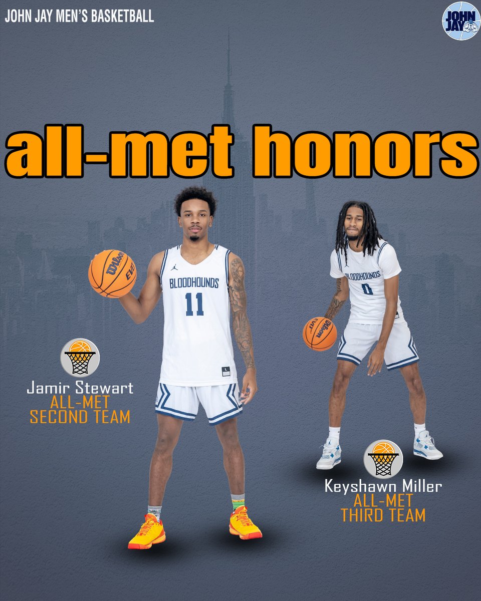 John Jay Athletics (@jjayathletics) on Twitter photo All-Met 🗽 | Congratulations to <a href="/JJCMBasketball/">John Jay Basketball</a> junior guard Jamir Stewart, named to the <a href="/MetBasketballW/">MetBasketballWriters</a> All-Met Second Team while teammate Keyshawn Miller was tabbed to the Third Team!
#GoBloodhounds | #cunyac | #d3hoops | #BloodhoundNation All-Met 🗽 | Congratulations to <a href="/JJCMBasketball/">John Jay Basketball</a> junior guard Jamir Stewart, named to the <a href="/MetBasketballW/">MetBasketballWriters</a> All-Met Second Team while teammate Keyshawn Miller was tabbed to the Third Team!
#GoBloodhounds | #cunyac | #d3hoops | #BloodhoundNation