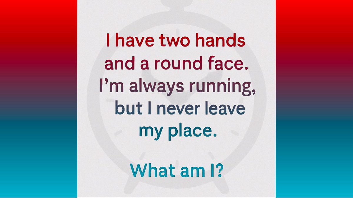 HFarzambeh40232's tweet photo. Life keeps moving. So do I — 
Riddle
I have two hands and a round face.
I’m always running,
but I never leave my place.
What am I?

#RiddleSeries #TimelyMystery #ClockworkClue #CityDaysChallenge

@saigetsumiki315 @ecogreen_action @AkihiroQuitada @Get14et @quitada @ASBELKEMBOI7 @JCPZMendrew @Plasticsimpact2 @nandiyouthstv @jil_obi @boreal_co @Awesome48847891 @sustainme_in @k254NairobiNews @ali_bakdur @AME_Ideology @Parfait_Mush @nationwidetour1 @jackiedeburca @Zeden9_xpl @PNzivugira @Jenny25056491 @saradas2012 @ssef_uganda11 @worldgreendlp @mike_otuoma @Parfait_Mush @JKaufmann54452 @eddesign_çi  @BSuhic @fidele_kitsa @EarthAccounting @Emusugutpato @maurogab1 @ Satydev_S_Negi @2white_jets @Saadjutt420 @ken13kenchan @irfanbenli4 @AnneMar27255501 @EgeraUmuhinzi @miraku300 @calimom209 @manliziyinyin @EarthAgora @rhosking252 @TAKA54483564 @kushik1977
