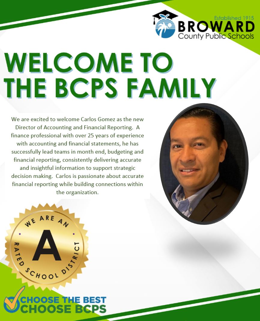 🌟 BCPS Hiring Spotlight! 🌟
We welcome Carlos Gomez as the new Director of Accounting and Financial Reporting! We look forward to Carlos sharing his passion, expertise &amp; skills with BCPS!
 #BCPSProud #BCPSSHINES #choosethebestchooseBCPS #BCPSJobs
 #EducationJobsFL #BCPSCareers