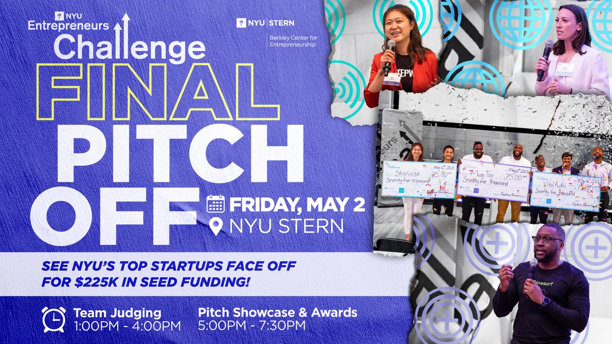 Get ready for a startup showdown at #NYU! 🏆 Register now for the Finals of the NYU Entrepreneurs Challenge on May 2 and see some of the most promising ventures pitch off for a chance to win over $225,000 in seed funding!

Reserve your spot at: bit.ly/challengefinal…