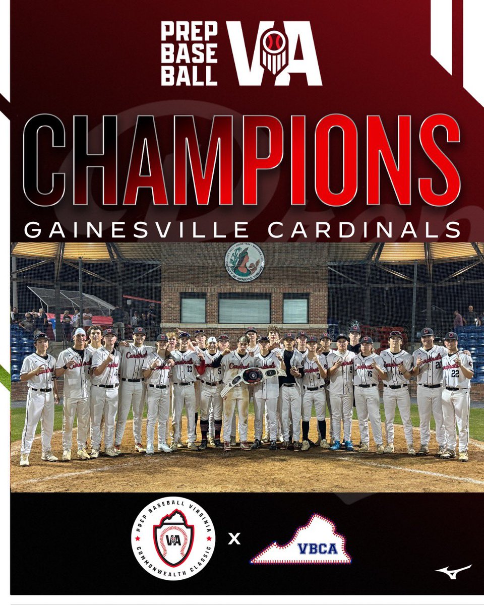 PrepBaseballVA's tweet photo. Your #CommonwealthClassic Champions, the Gainesville Cardinals. 

#6 @G_villeBaseball defeated #7 Abingdon 1-0 to win the Battle for the Belt.

Thank you to everyone involved for making this yet another successful tournament. 

@VBCA2018 https://t.co/w4cbxF2loC