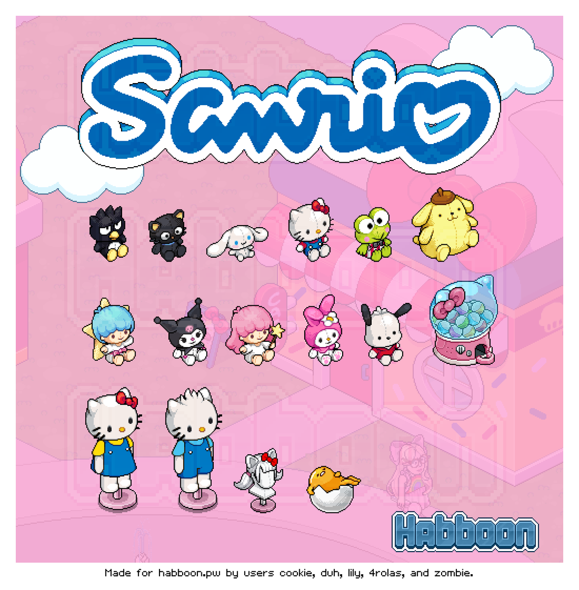The Boon Builders Team and I made some really cool Sanrio customs for habboon.pw this past month! Plushies, a gacha machine, hello kitty/dear daniel suits, and more! We also made the entire Sanrio Town in-client! So fun. 💖 #habboon