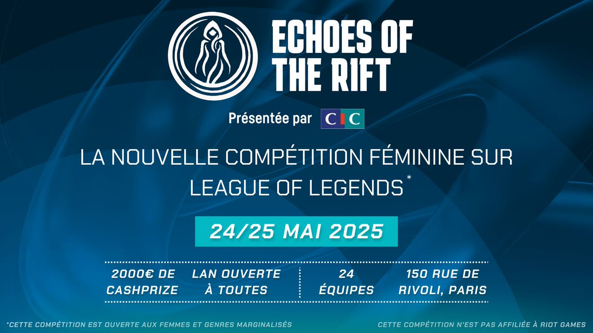 🎉​Echoes Of The Rift, notre première LAN League Of Legends réservée aux femmes et aux genres marginalisés, arrive !  

Dans le cadre des CIC Esport Days, nous sommes heureux de pouvoir compter sur le soutien de <a href="/cic/">CIC</a> dans la création d'une nouvelle safe place pour la communauté