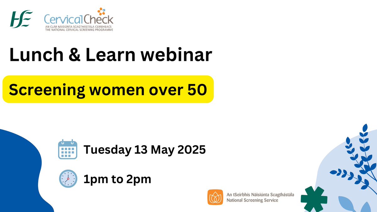 National Screening Service (@nsshse) on Twitter photo We'll be joined by Dr <a href="/SarahFitzWiMIN/">Sarah Fitzgibbon</a> at our next free Lunch & Learn webinar about #cervicalscreening in women over 50.
Our #CervicalCheck webinars are for all healthcare staff involved in providing cervical screening services.
More info and register: tinyurl.com/CC-webinars-20… We'll be joined by Dr <a href="/SarahFitzWiMIN/">Sarah Fitzgibbon</a> at our next free Lunch & Learn webinar about #cervicalscreening in women over 50.
Our #CervicalCheck webinars are for all healthcare staff involved in providing cervical screening services.
More info and register: tinyurl.com/CC-webinars-20…
