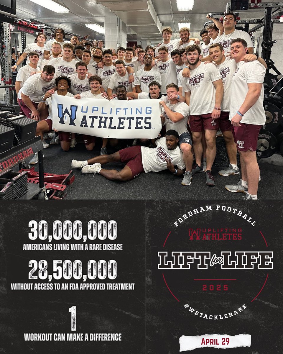 Fordham Football (@fordhamfootball) on Twitter photo One workout. One cause. One team pushing their limits for the 30M Americans living with a rare disease. 💪🏆 <a href="/FORDHAMFOOTBALL/">Fordham Football</a> is teaming up with <a href="/UpliftingAth/">Uplifting Athletes</a> for #LiftForLife—rallying support to make a difference.
Every rep makes a difference. charity.pledgeit.org/fordhamfblfl25
#RAMILY One workout. One cause. One team pushing their limits for the 30M Americans living with a rare disease. 💪🏆 <a href="/FORDHAMFOOTBALL/">Fordham Football</a> is teaming up with <a href="/UpliftingAth/">Uplifting Athletes</a> for #LiftForLife—rallying support to make a difference.
Every rep makes a difference. charity.pledgeit.org/fordhamfblfl25
#RAMILY