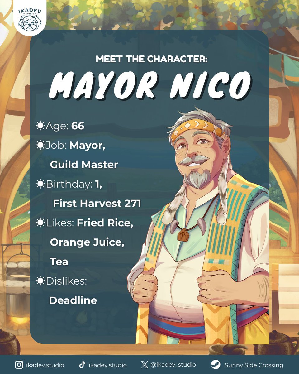 Meet the Character: Nico! 🛖

As the mayor of Sunny Side Village, Nico would go the extra mile for the village. Seeing the smile of the villagers brings a smile upon his face. 💪🏻

What kind of mayor would you be in Sunny Side Village? 👀

#ikadevstudio #indiestudio
