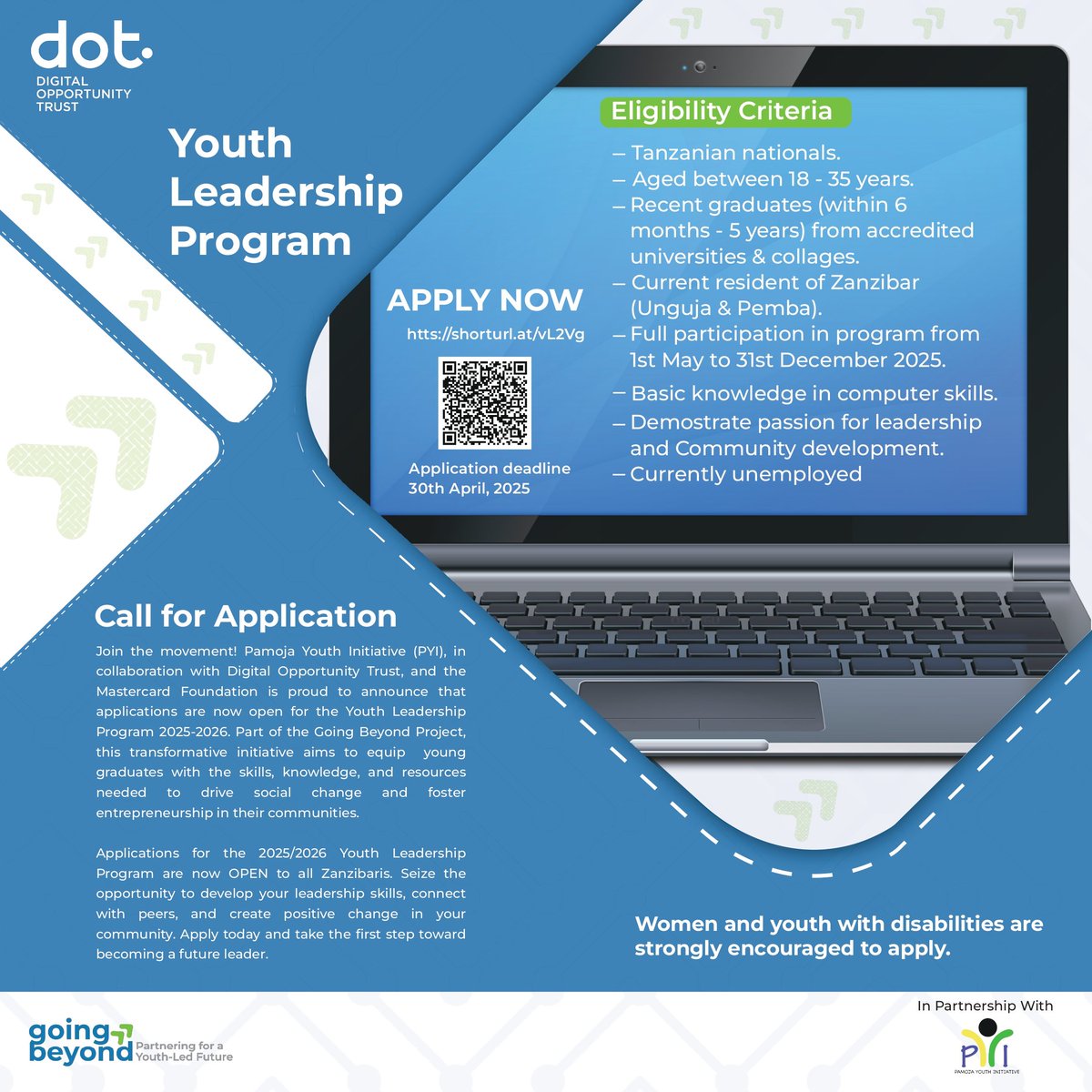Pamoja Youth Initiative (@pamoja_youth) on Twitter photo 🚀 Are you a young changemaker in Zanzibar ready to lead?
Apply for the 2025/26 Youth Leadership Program under the #DOTGoingBeyond project by <a href="/pamoja_youth/">Pamoja Youth Initiative</a>, in partnership with <a href="/DigitalOppTrust/">DOT</a> & <a href="/MastercardFdn/">Mastercard Foundation</a>.
📝 Apply: bit.ly/3Epvpt1
📅 Deadline: April 30, 2025 🚀 Are you a young changemaker in Zanzibar ready to lead?
Apply for the 2025/26 Youth Leadership Program under the #DOTGoingBeyond project by <a href="/pamoja_youth/">Pamoja Youth Initiative</a>, in partnership with <a href="/DigitalOppTrust/">DOT</a> & <a href="/MastercardFdn/">Mastercard Foundation</a>.
📝 Apply: bit.ly/3Epvpt1
đź“… Deadline: April 30, 2025