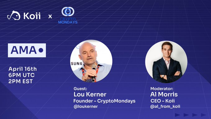 🚀 <a href="/Crypt0Mondays/">CryptoMondays</a> x <a href="/KoiiFoundation/">Koii 🎏</a> X 스페이스!

 주제: AI 기반 과학의 미래 재정의

🎤 게스트: <a href="/loukerner/">Lou Kerner 🇮🇱🇺🇦</a>
🎙 모더레이터: <a href="/al_from_koii/">al 🎏 🔥</a>

🗓 4월 16일 (수)
⏰오후 6시 UTC / 오후 2시 EST
🔔리마인더 설정: x.com/i/spaces/1djxX…