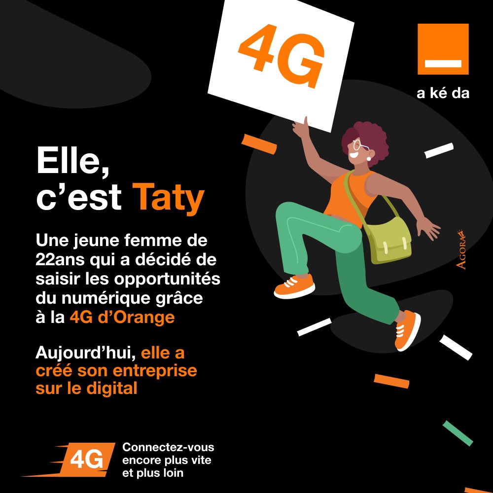 Comme Taty, toi aussi profite des avantages de la #4G.⚡️
Crée ton entreprise sur digital, attire des prospects et développe toi.✅ 

4G A Ké Da.💯

#OrangeAKeda #4G #Fun #Vitesse
#Partage #Live #Numérique