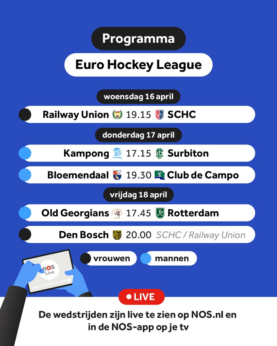 Woensdag begint de Euro #Hockey League in Den Bosch. Alle wedstrijden van de Nederlandse clubs zijn live te zien bij <a href="/NOSsport/">NOS Sport</a>.  #EHL #EHLFinals