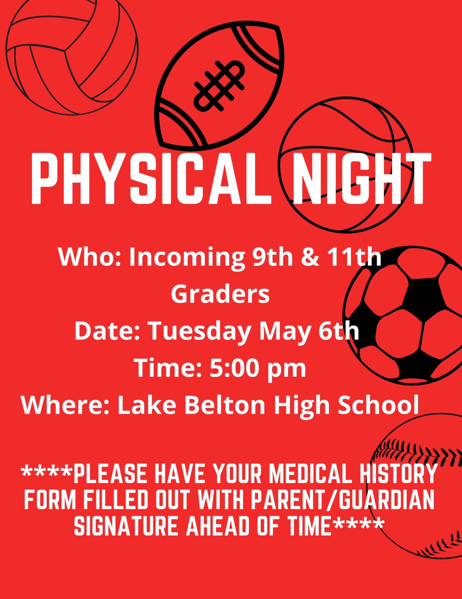 Lake Belton HS Athletic Training (@lbhsat) on Twitter photo 📢📢📢 Attention Athletes📢📢📢
Get your physical done before you leave for summer. <a href="/lbsoccer_LBHS/">LBHS Lady Bronco Soccer</a> <a href="/LbhsTennis/">LBHS Bronco Tennis</a> <a href="/LbhsPower/">LBHSPower</a> <a href="/LBHSgirlsBB/">LBHS Girls Basketball</a> <a href="/NB212athletics/">NBMS Athletics</a> <a href="/LBMS_Athletics/">LBMS Athletics</a> <a href="/LBBroncoSB/">Lake Belton Bronco Softball</a> <a href="/LBBBaseball/">Lake Belton Baseball</a> 📢📢📢 Attention Athletes📢📢📢
Get your physical done before you leave for summer. <a href="/lbsoccer_LBHS/">LBHS Lady Bronco Soccer</a> <a href="/LbhsTennis/">LBHS Bronco Tennis</a> <a href="/LbhsPower/">LBHSPower</a> <a href="/LBHSgirlsBB/">LBHS Girls Basketball</a> <a href="/NB212athletics/">NBMS Athletics</a> <a href="/LBMS_Athletics/">LBMS Athletics</a> <a href="/LBBroncoSB/">Lake Belton Bronco Softball</a> <a href="/LBBBaseball/">Lake Belton Baseball</a>