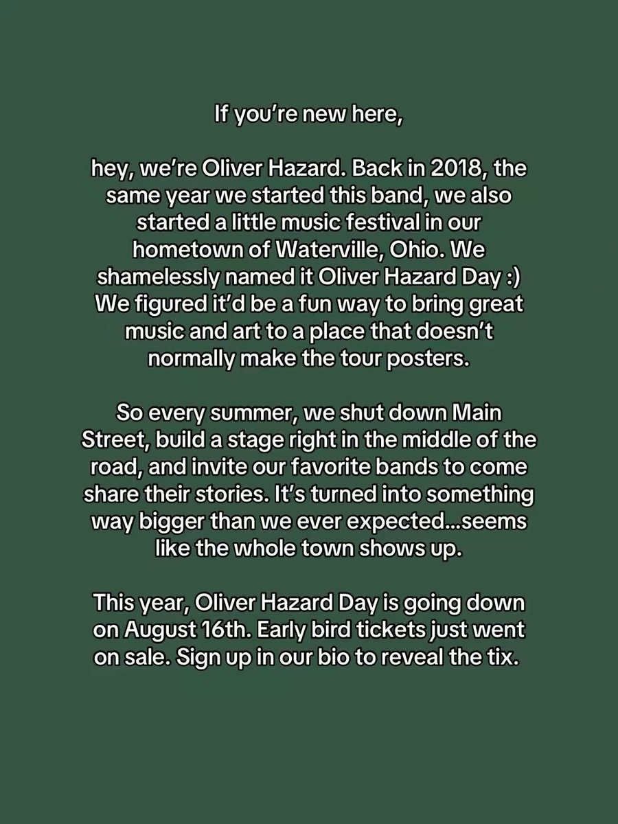 Early bird tickets to our hometown music festival Oliver Hazard Day are on sale now. You can unlock access by signing up through this link oliverhazard.os.fan/ohd-early-acce… 

Tickets are limited, so grab yours while you can! 🎟️ 

Lineup coming soon.