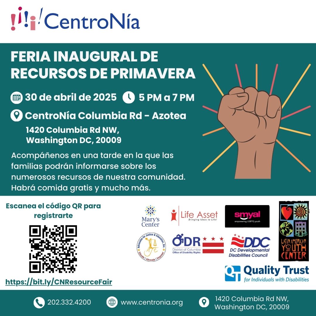 CentroNia's tweet image. CentroNía community! Don't forget, we are hosting our first #springresourcefair at our Columbia Road center!

Join us and various organizations to learn about the many tools and resource of our community. Visit bit.ly/CNResourceFair to register!

#familyactivities #community