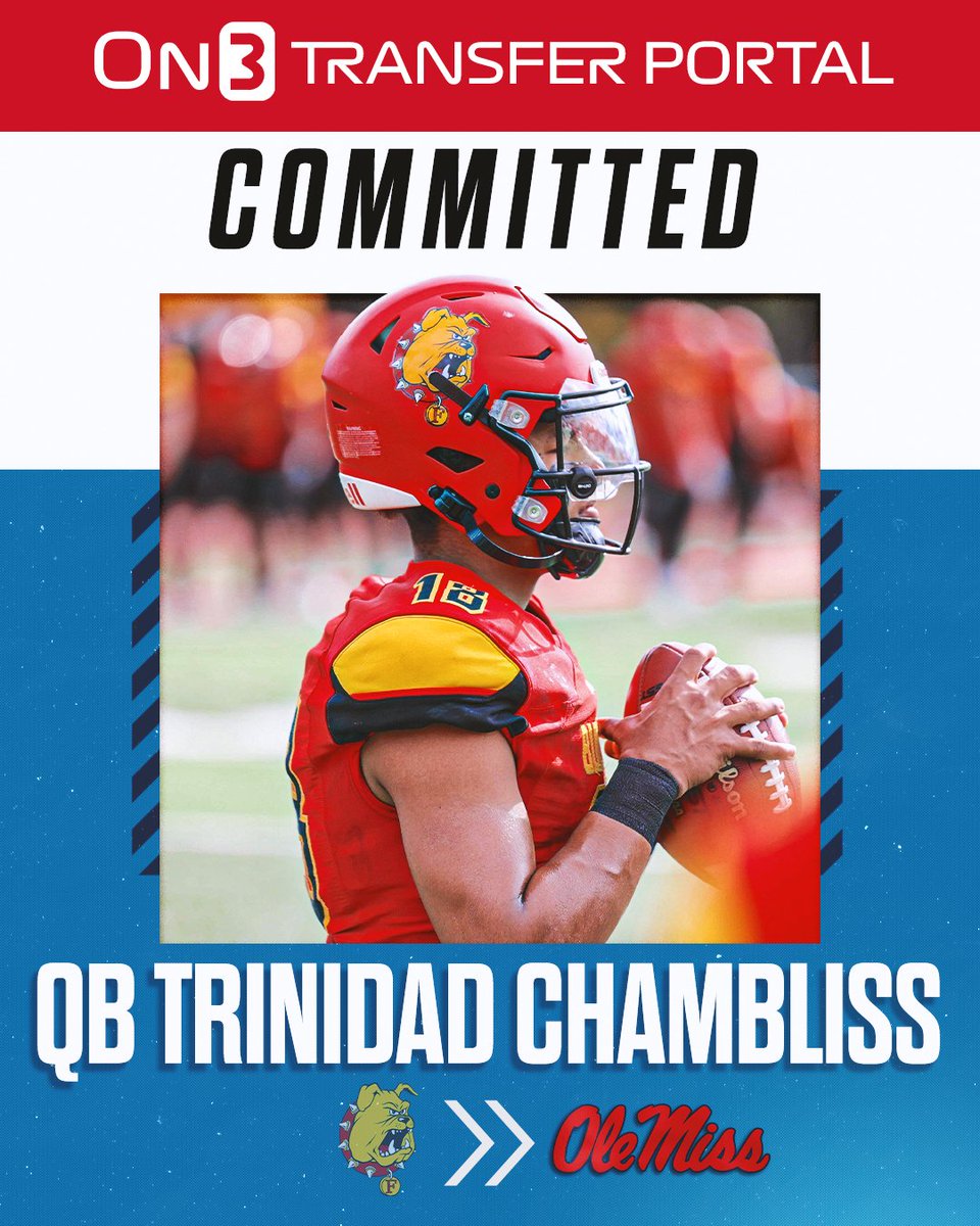 On3 (@on3sports) on Twitter photo BREAKING: Ferris State QB Trinidad Chambliss has signed with Ole Miss, <a href="/PeteNakos_/">Pete Nakos</a> reports.
He threw for 2,925 yards and 26 TDs and ran for 1,019 yards and 25 TDs last season🤯
on3.com/college/ole-mi… BREAKING: Ferris State QB Trinidad Chambliss has signed with Ole Miss, <a href="/PeteNakos_/">Pete Nakos</a> reports.
He threw for 2,925 yards and 26 TDs and ran for 1,019 yards and 25 TDs last season🤯
on3.com/college/ole-mi…