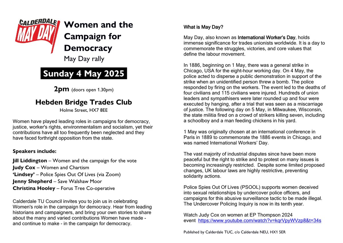 Mark Metcalf (@markmetcalf07) on Twitter photo Calderdale <a href="/calderdaletuc/">Calderdale TU Council</a>
May Day event on 4th May at Trades Club in Hebden Bridge
Women and the Campaign for Democracy with speakers Lindsey of #spycops, Jill Liddington, Judy Cox, Jenny Shepherd and Christina Hooley Calderdale <a href="/calderdaletuc/">Calderdale TU Council</a>
May Day event on 4th May at Trades Club in Hebden Bridge
Women and the Campaign for Democracy with speakers Lindsey of #spycops, Jill Liddington, Judy Cox, Jenny Shepherd and Christina Hooley