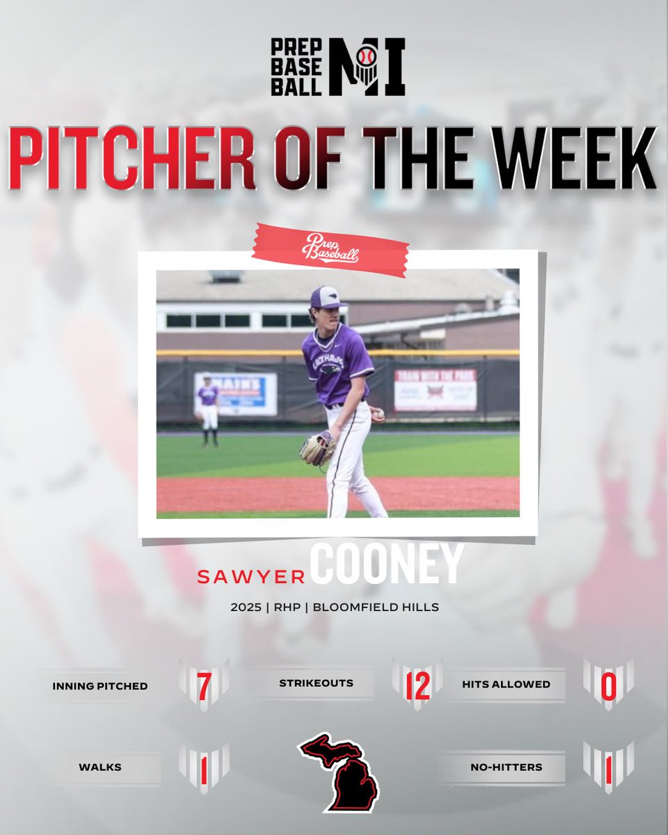𝐌𝐢𝐜𝐡𝐢𝐠𝐚𝐧 𝐏𝐢𝐭𝐜𝐡𝐞𝐫 𝐨𝐟 𝐭𝐡𝐞 𝐖𝐞𝐞𝐤

<a href="/CooneySawyer/">sawyer cooney</a> threw a no-hitter in <a href="/Blackhawksbase2/">Bloomfield Black Hawks Baseball</a> league series opener last week

<a href="/XavierBASE/">Xavier Baseball</a> recruit struck out 12 in 7IP