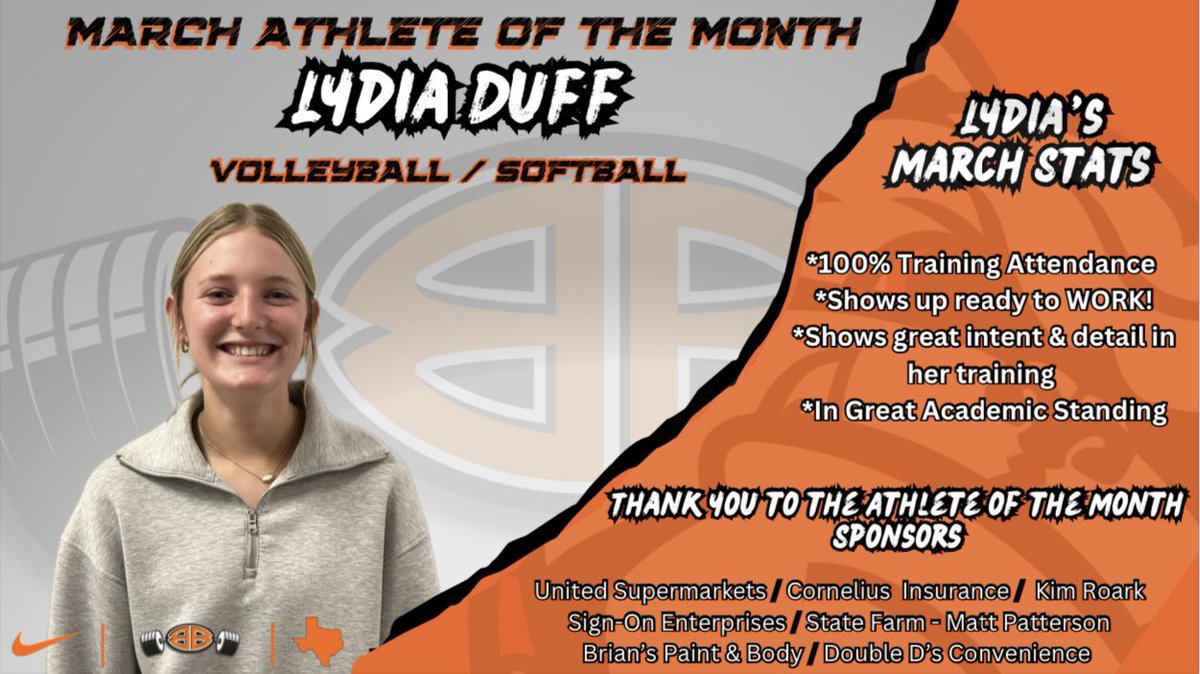 Congratulations Lydia! She exemplifies the Bulldog Way &amp; will receive an Athlete of the Month t-shirt from our sponsors <a href="/burkburnettisd/">Burkburnett ISD</a>  <a href="/BurkAthletics/">Burkburnett Athletics</a> <a href="/BradOwenBISD/">Brad Owen Ed. D.</a>
