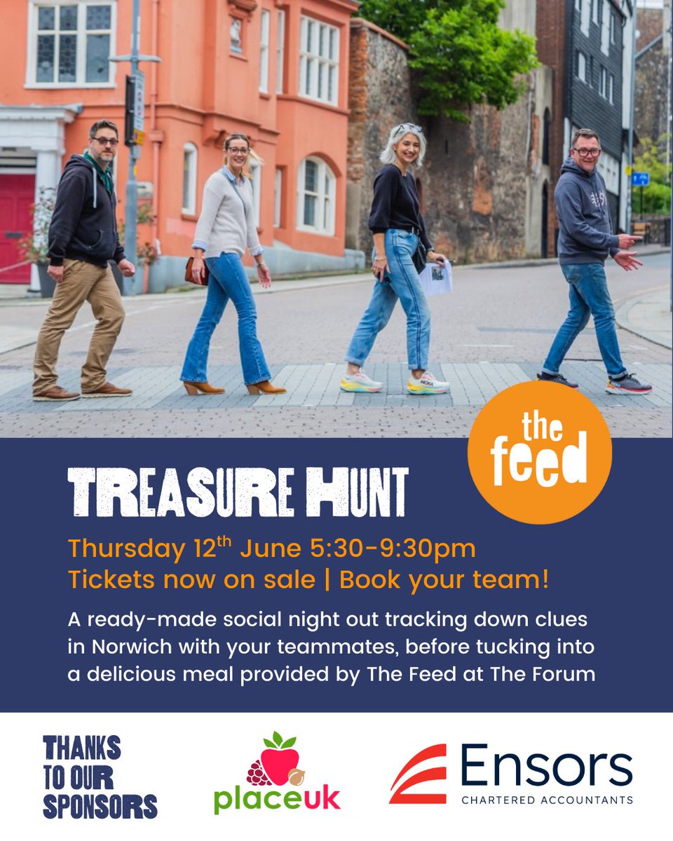 Join us for our Treasure Hunt on Thursday 12th June, from 5:30-9:30pm, and enjoy a fun evening tracking down clues in Norwich with your teammates 🔍

Followed by a delicious meal provided by our catering team and prizes for the winners! 🎉 

🎟️ Book now: thefeed.org.uk/get-involved/e…