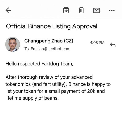 Guys, just got confirmation from Binance and they agree on listing #Fartdog