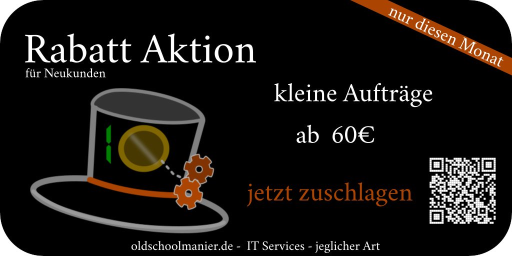 Mit neuem Launch der Webseite, kann ich nun verkünden, dass ich eine kleine Rabatt Aktion geplant habe.

Für Neukunden biete ich kleine Aufträge wie zum Beispiel bei PC Problemen helfen oder beispielsweise das Aufsetzen einer Nextcloud für Kontakte und Kalender ab 60€/h an.
🎉🎉