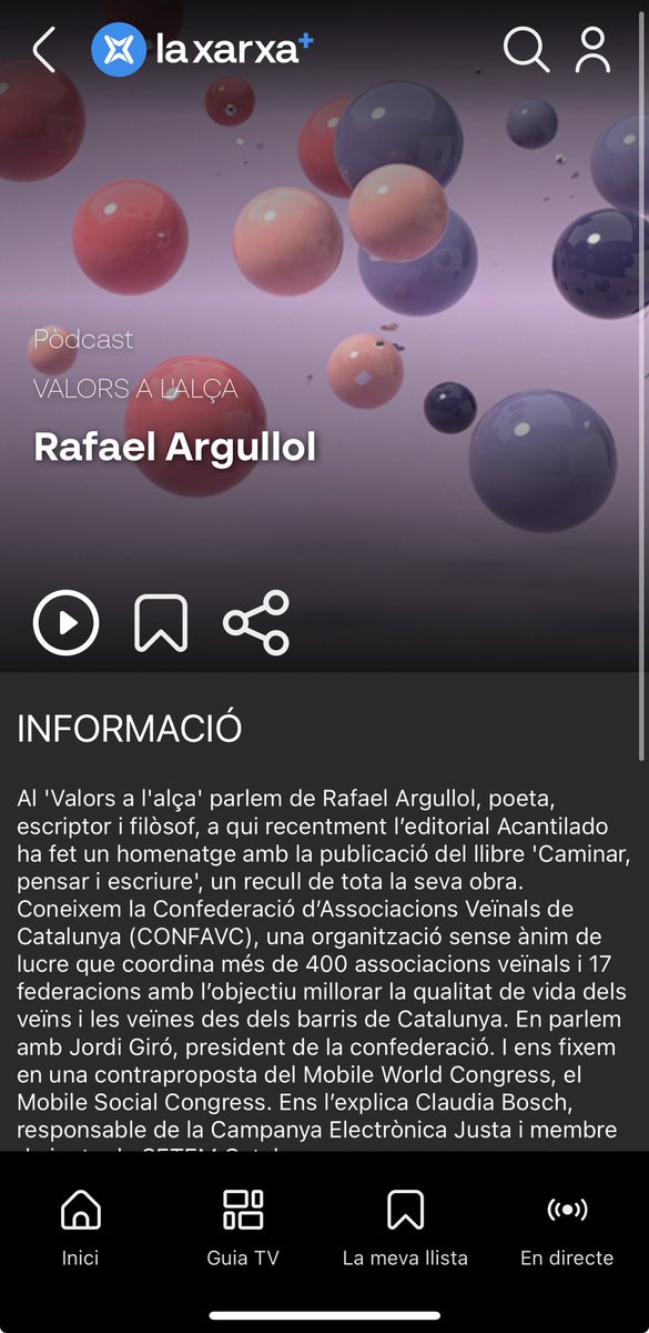 🎙️#podcast 
Ei! El #valorsalalça de la <a href="/revistavalors/">Revista Valors. Filosofia de l'actualitat.</a> &amp; <a href="/mataroradio/">mataró ràdio</a> està tb disponible a <a href="/laxarxames/">La Xarxa+</a> 🤩

Què ens diferencia dels animals? by <a href="/macips01/">Salvador Macip</a>
Quins valors hem d'ensenyar als nostres fills? by <a href="/jordinomen/">Jordi Nomen Recio</a>
"Caminar, pensar..." by <a href="/rafaelargullol/">Rafael Argullol</a>

👉🏻laxarxames.cat/share/movie-de…