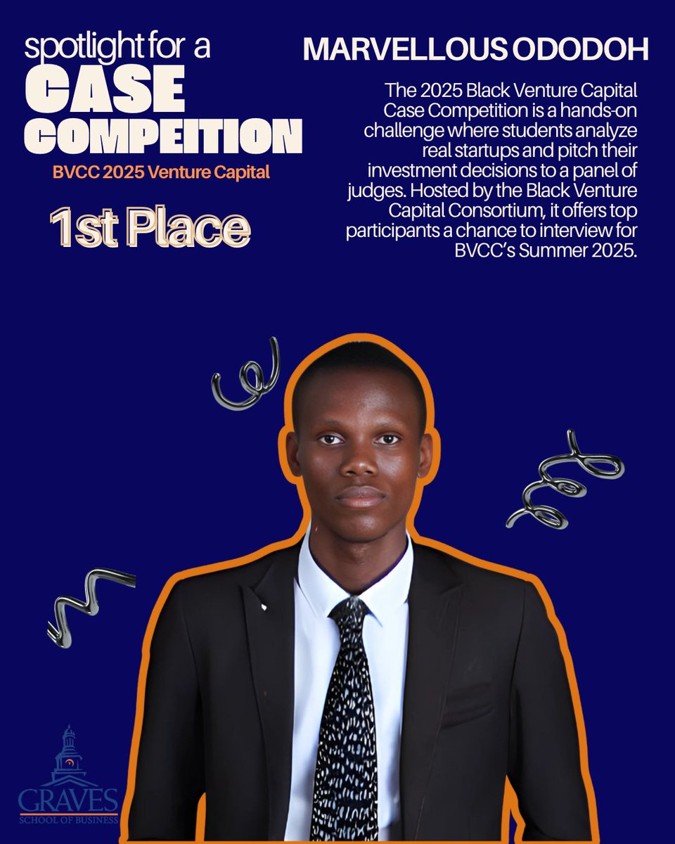 GravesSchool's tweet photo. Marvellous Ododoh took 1st place at the 2025 Black Venture Capital Case Competition—solo.

He analyzed, pitched, and impressed a panel of judges, earning a shot at BVCC’s Summer 2025 program.

Proud moment for the Graves School! #GravesGreatness #BVCC2025 https://t.co/6HxUnmgBj5
