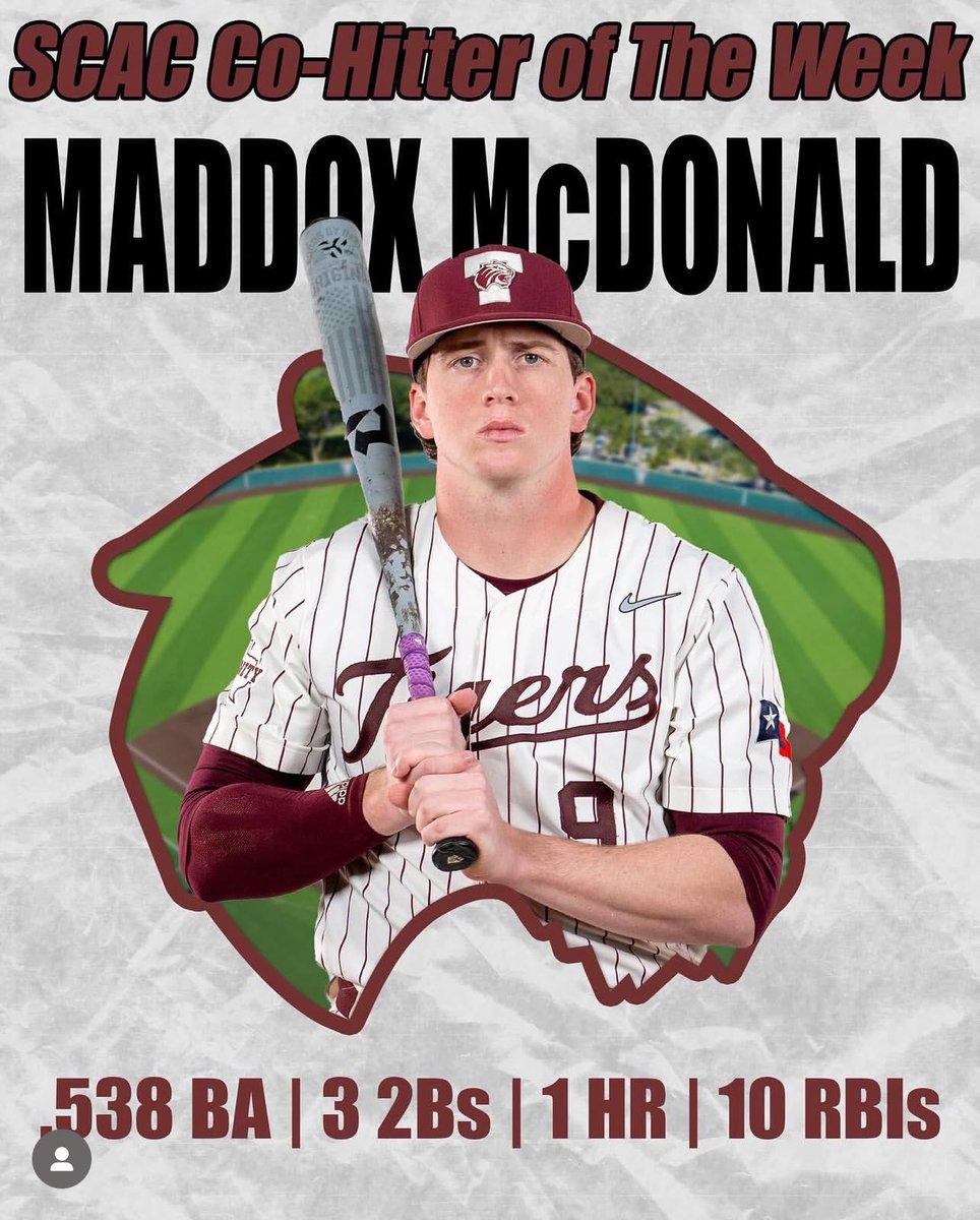 Trinity Tigers Baseball (@trinitytigersb2) on Twitter photo McDonald powered Trinity to a three-game SCAC weekend series sweep against Centenary last weekend. McDonald was on fire, as he batted .538 (7-for-13) with three doubles and a home run, scoring four runs and piling up a whopping 10 RBI in the three games. #TigerPride McDonald powered Trinity to a three-game SCAC weekend series sweep against Centenary last weekend. McDonald was on fire, as he batted .538 (7-for-13) with three doubles and a home run, scoring four runs and piling up a whopping 10 RBI in the three games. #TigerPride