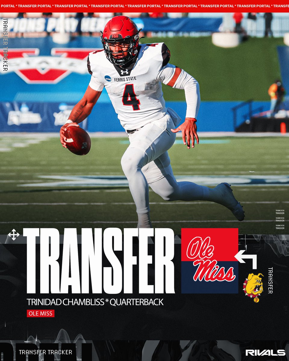 Former Ferris State QB Trinidad Chambliss plans to transfer to Ole Miss.

Chambliss had 51 total touchdowns in 2024, leading Ferris State to a D2 national title.