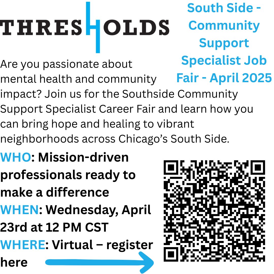 🚨 Calling all changemakers! 🚨
Are you passionate about mental health and making a real impact?

Join the Southside Community Support Specialist Career Fair and discover how you can bring hope and healing to Chicago’s South Side 💙