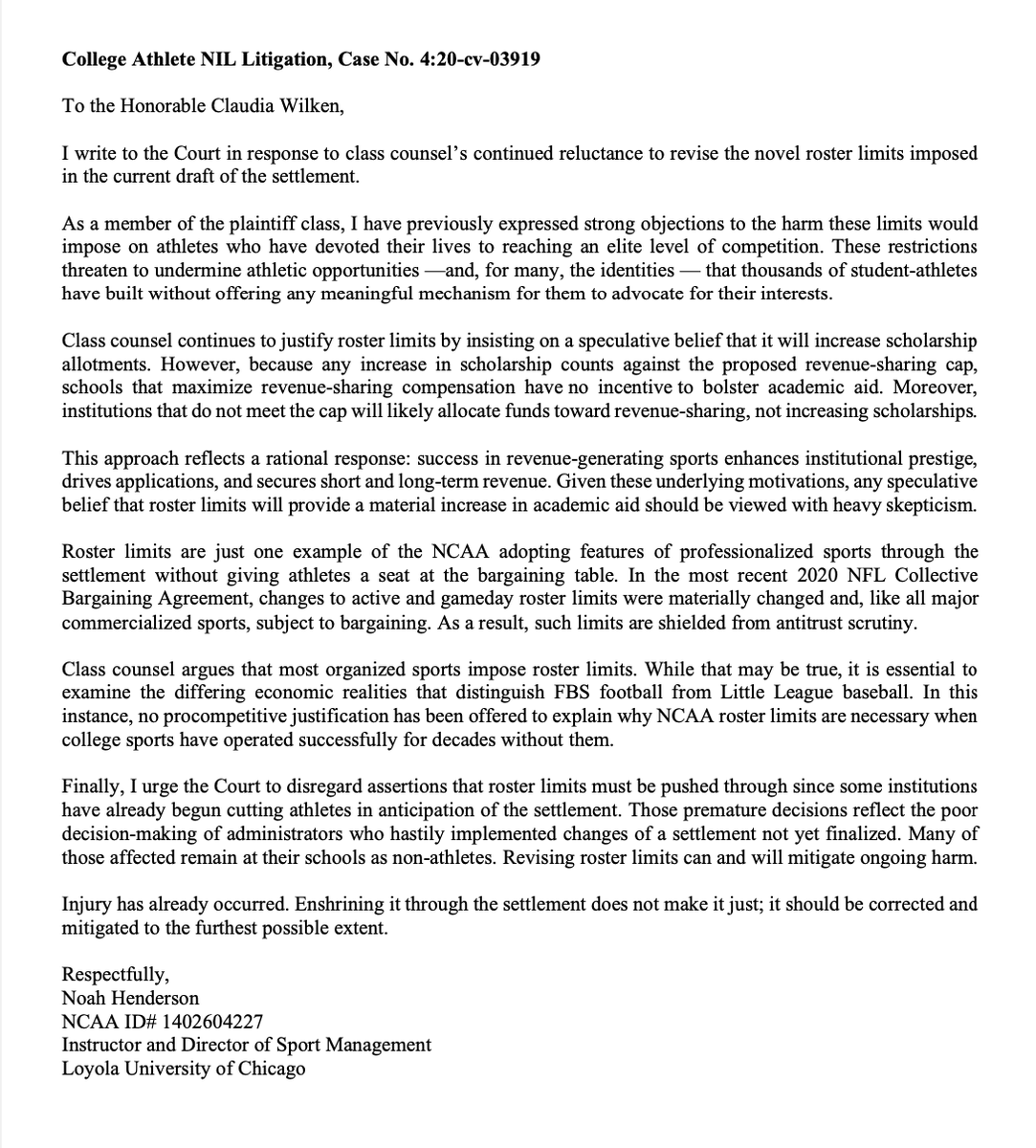 I’ve once again written to the Court in the House v. NCAA case to oppose the harm that novel roster limits will cause thousands of college athletes.

The fight isn’t over. If you’re impacted — speak up. Your voice matters.
