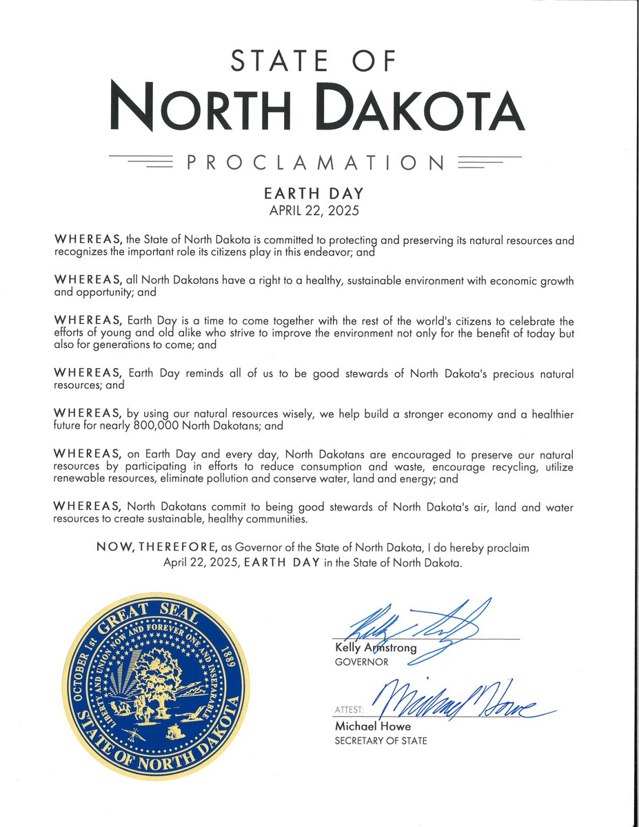 🌳Gov. Kelly Armstrong has proclaimed April 22 as Earth Day in ND! Earth Day raises awareness of the state’s natural resources and take personal action to help preserve and conserve them for future generations. Read more at deq.nd.gov/PressReleases/… 🌎