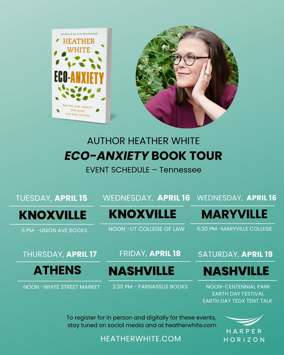 Tennessee Homecoming &amp; Eco-Anxiety Book Tour. Would love to see you IRL!  #ecoanxiety #climateanxiety 
Details here: 
heatherwhite.com/ecoanxiety-sav…