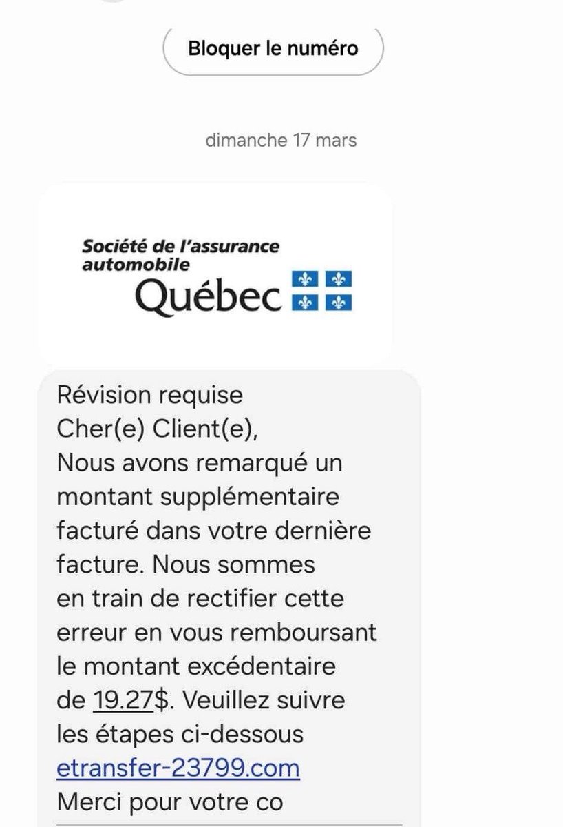 Vous avez reçu un texto comme celui-ci  ? Il s’agit d’un message frauduleux. Sachez que nous ne communiquons jamais avec nos clients par texto. saaq.gouv.qc.ca/salle-presse/a…