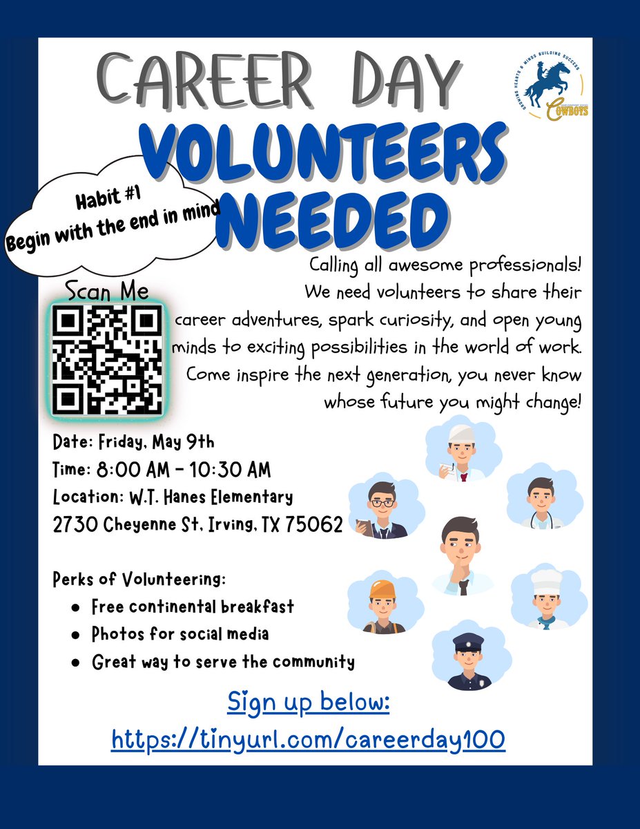Calling all professionals! 

W.T. Hanes Elementary is hosting Career Day on May 9th, and we’d love to have YOU inspire our future leaders! 

Share your story, spark curiosity, and make a difference in a kid’s day.
Sign up here: tinyurl.com/careerday100