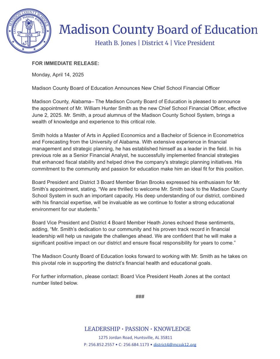 FOR IMMEDIATE RELEASE:
Madison County, Alabama 

Madison County Board of Education Announces New Chief School Financial Officer 

<a href="/whnt/">News 19</a> <a href="/waff48/">WAFF 48</a> <a href="/WAAYTV/">waaytv</a> <a href="/yhn/">Yellowhammer News</a> <a href="/1819News/">1819 News</a> <a href="/FOX54News/">FOX54News</a>