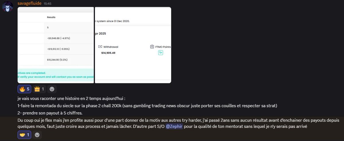 ZephirFx's tweet image. Encore un membre du mentorship qui vient de sortir son plus gros retrait chez FTMO

15 000 $

2 ans sans résultat
2 ans à suivre le process
2 ans à faire des sacrifices

Pour un jour générer 5 chiffres en 1 mois

Il n’y a pas de raccourci, c&apos;est le travail qui paye