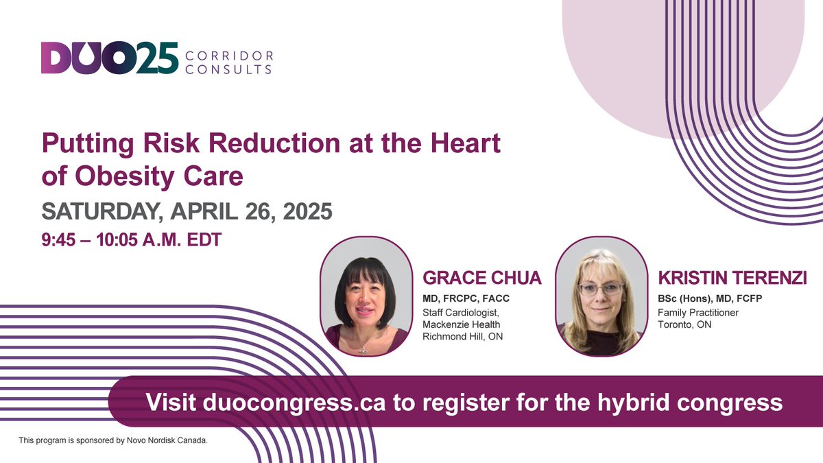Join us at #DiabetesUpdate for a Corridor Consult with Drs. Grace Chua &amp; Kristin Terenzi on putting CV risk reduction at the heart of obesity care. Learn to identify CV risk &amp; apply strategies to improve outcomes in people without diabetes. Register now: duocongress.ca