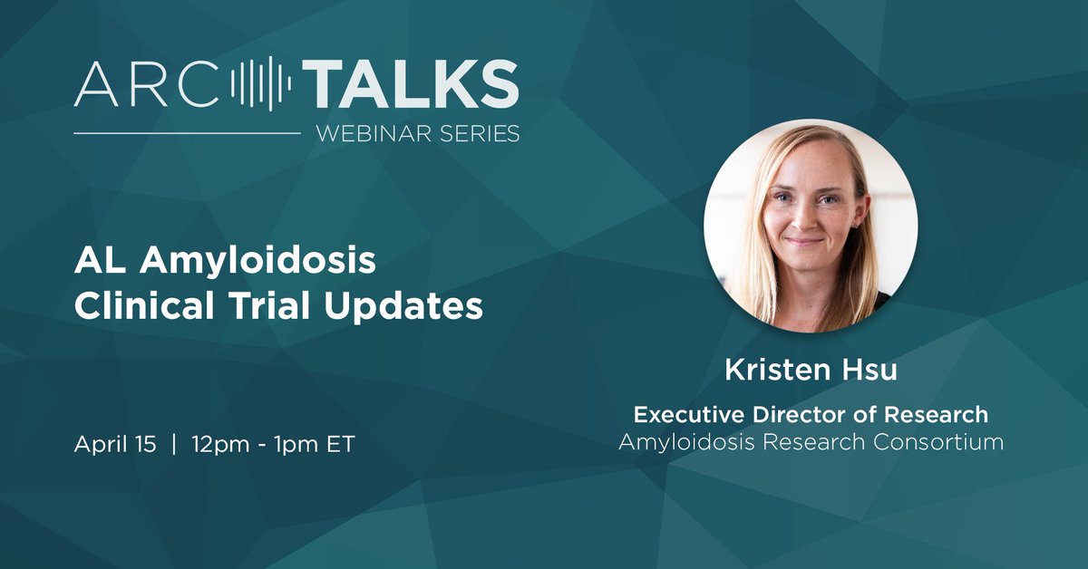 📆 📷 Starting Now! 

#ARCTalks Webinar: Clinical Trial Updates for the AL Community

Executive Director of Research, @KristennHsu, is presentgin current updates for #AL #amyloidosis clinical trials, and the direction of future research.

Join Us: us02web.zoom.us/webinar/regist…