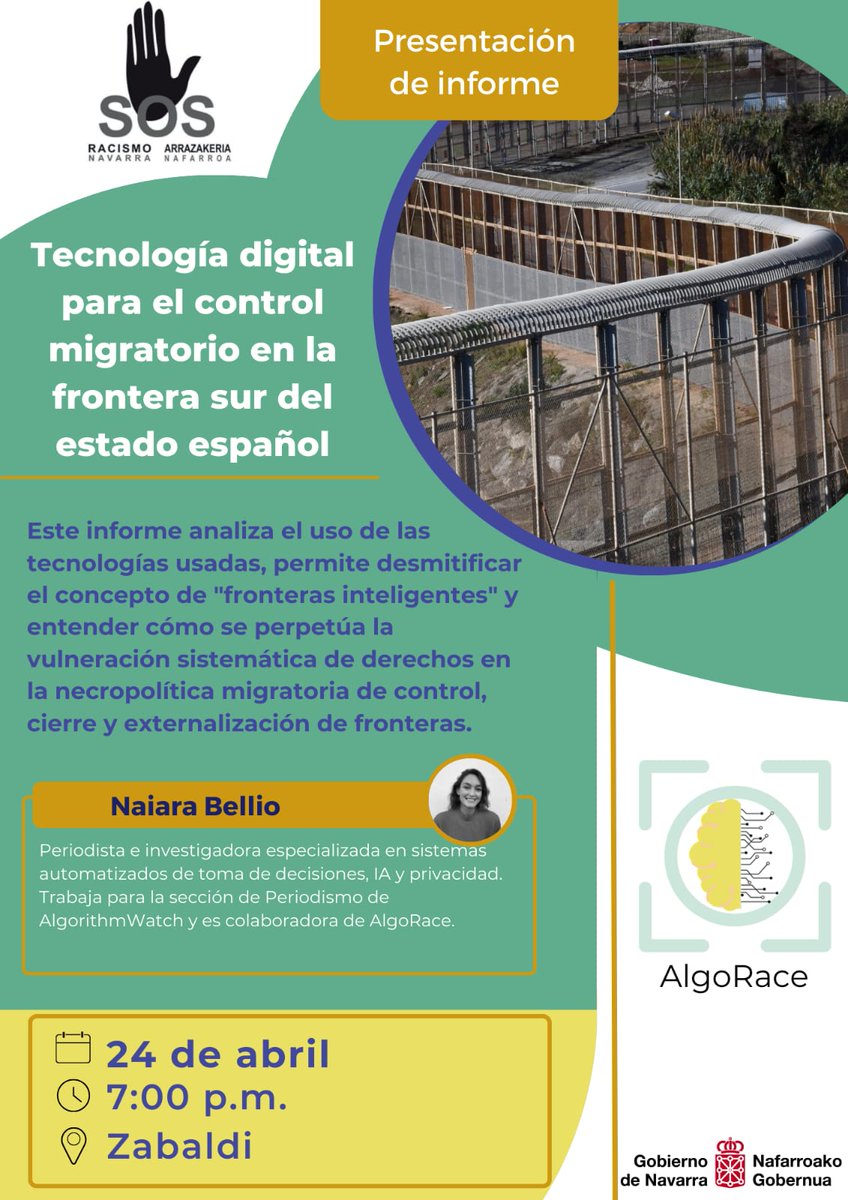El jueves 24 nos visitará Naiara de <a href="/algo_race/">AlgoRace</a> para presentar este  informe que analiza  el uso de las tecnologías en la frontera sur. Baita, mugak kontrolatzeko, ixteko eta kanpora ateratzeko migrazio-politikan eskubideen urraketa sistematikoa nola betikotzen den ulertzeko.