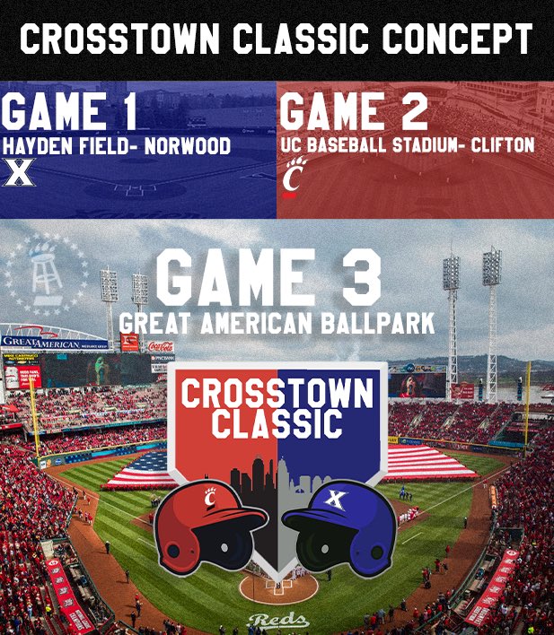 Problem: Right now Cincy and Xavier play each other twice on two random Tuesdays 

Solution: The Crosstown Classic. A weekend series between UC and X

One game on each campus and the finale in Great American 

Who says no??????